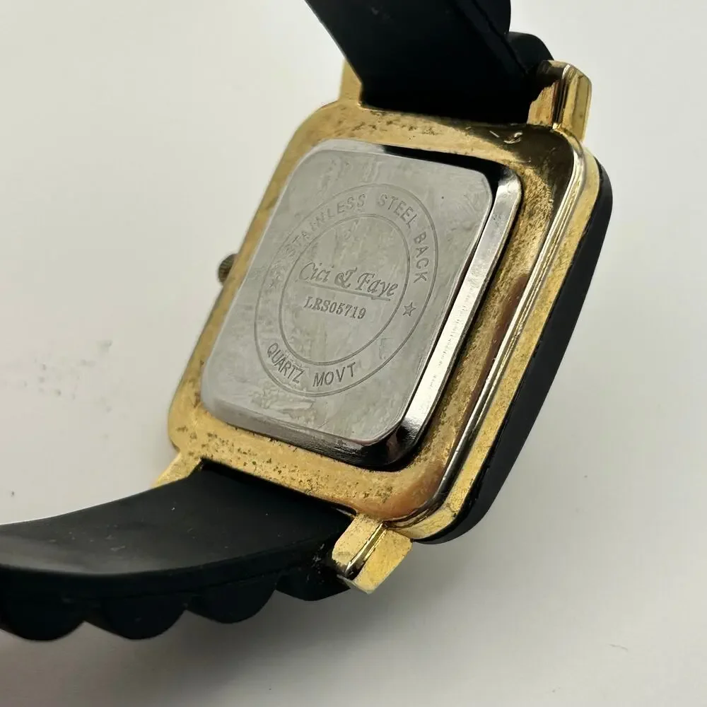 Cici & Faye Square Dial Crystal Bezel Black Silicon Band Watch New Battery